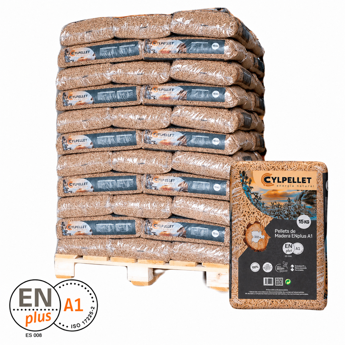 CYL Pellet en 77 sacos de 15 kg Certificaciones: DINplus, certificación NF