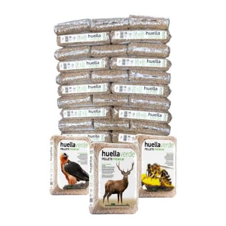 Palé completo de 77 sacos de 15 kg (1.155 kg) de gránulos Huella Verde certificados ENplus A1.