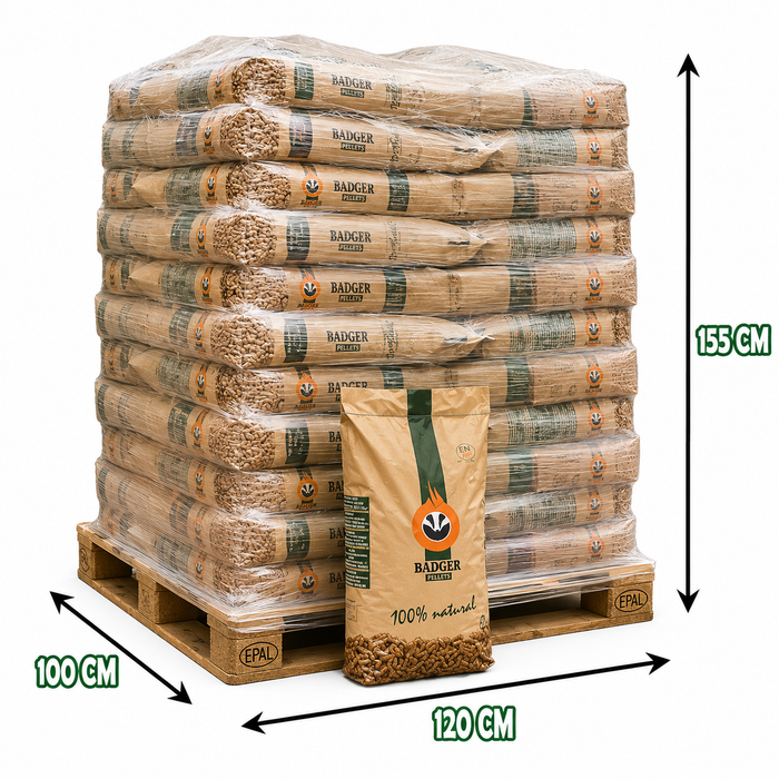 palet contiene pellets de madera Badger,70 sacos certificados DINplus y ENplus A1
