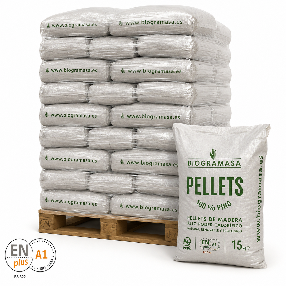 Pallet de Pellets Biogramasa 72 sacos de 15 kg  certificado con el certificado ENplus A1.