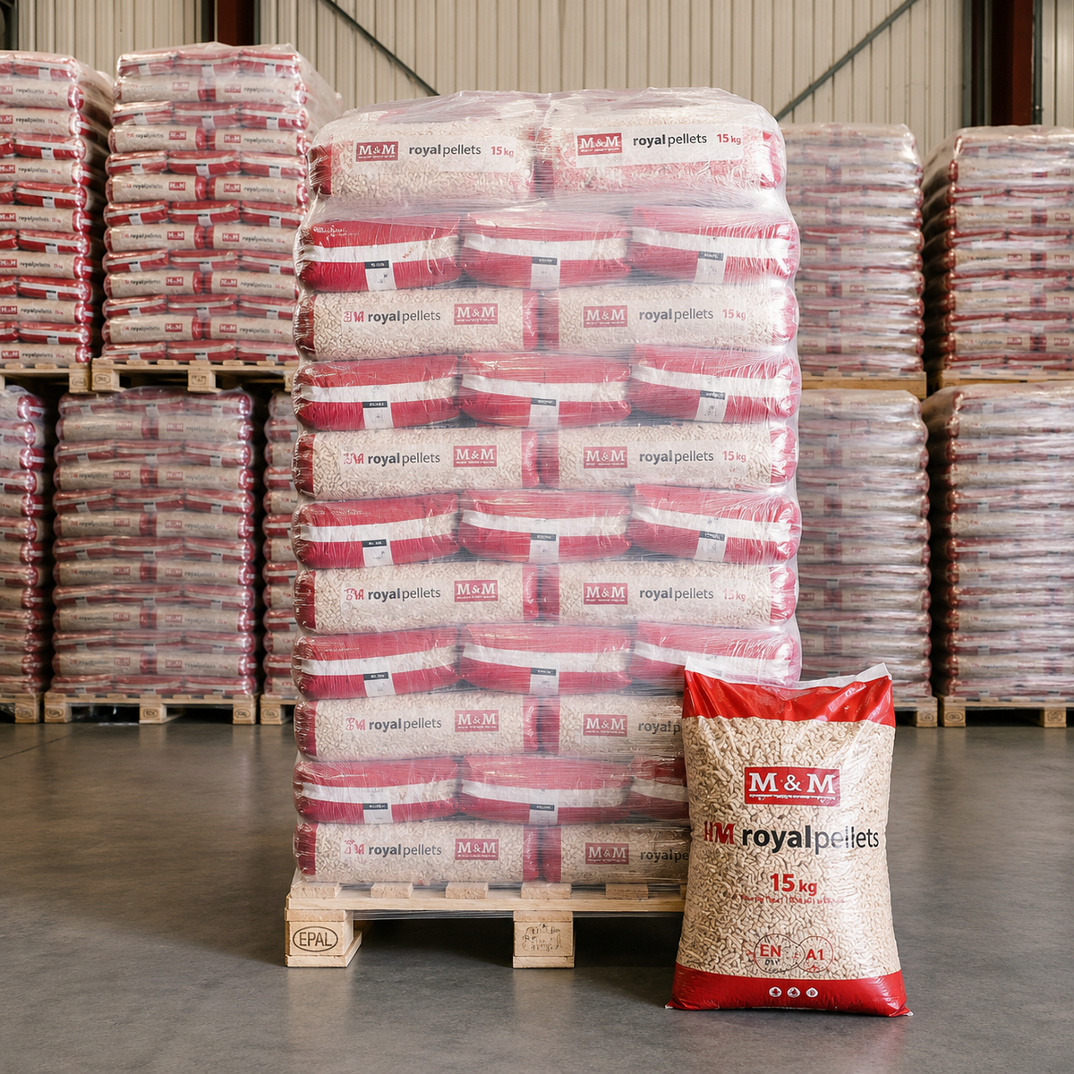 Palet de pellets MM ROYAL en 78 sacos plásticos de 15 kg
