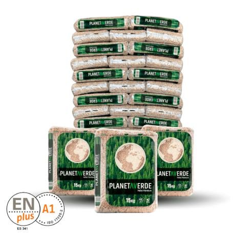 Planeta Verde, certificados DIN ENplus A1, en palé completo de 77 sacos de 15 kg